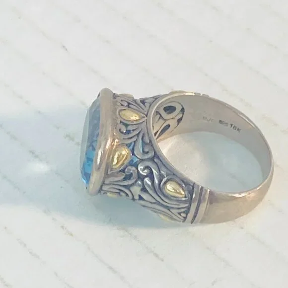 Vintage Sterling Silver & 18K Gold Ornate Gemstone Ring – BJC 925 18K - Picture 10 of 12
